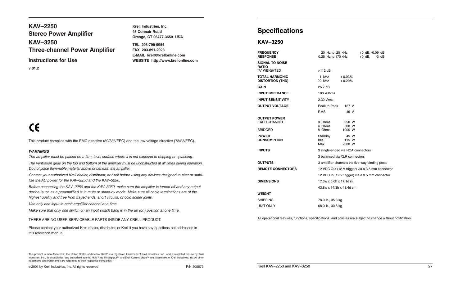 Specifications, Instructions for use, Kav–3250 | Krell Industries KAV 3250 User Manual | Page 31 / 32