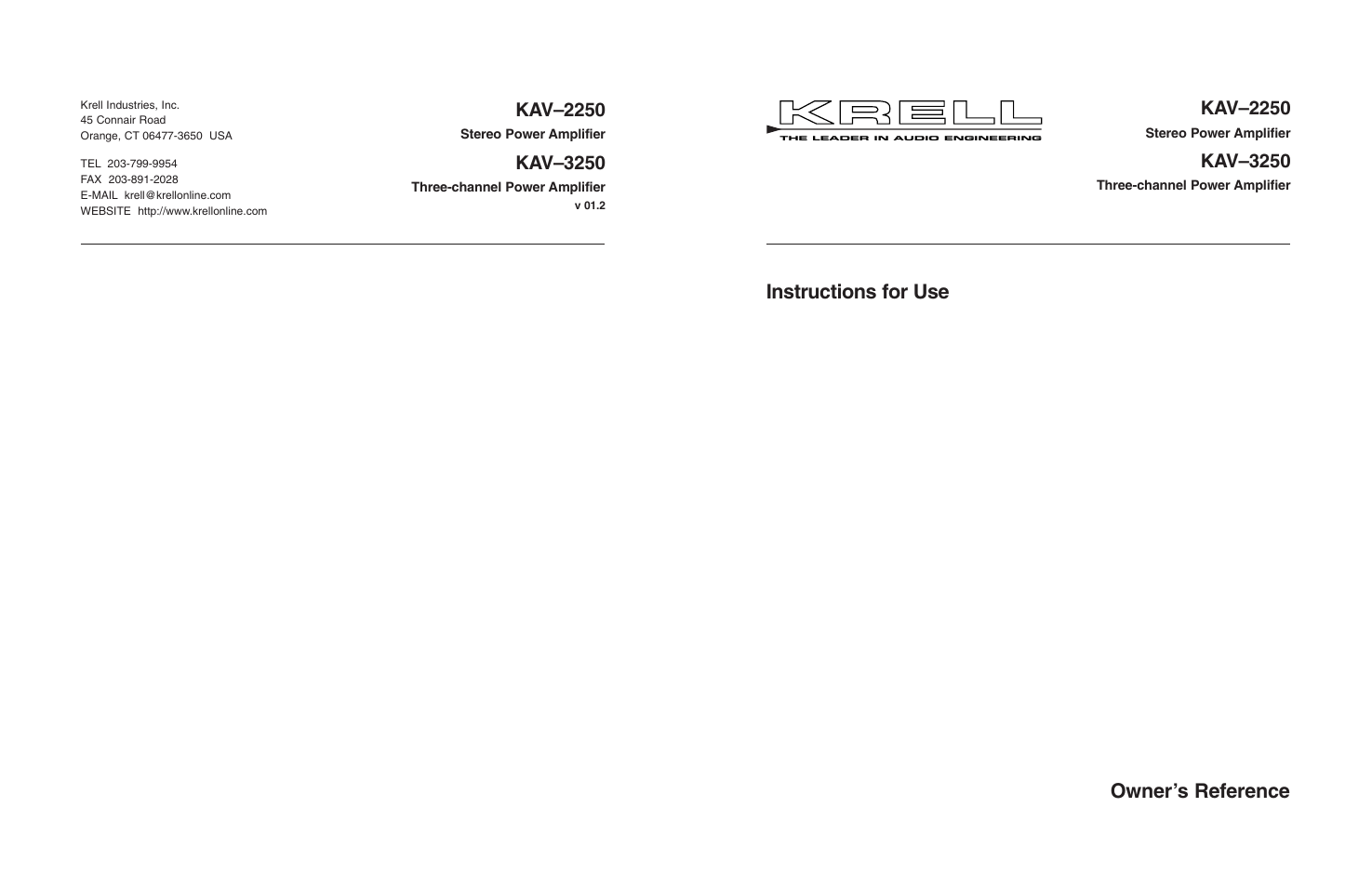 Instructions for use owner’s reference, Kav–2250, Kav–3250 | Krell Industries KAV 3250 User Manual | Page 32 / 32