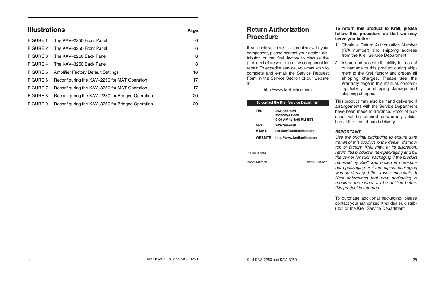 Illustrations, Return authorization procedure | Krell Industries KAV 3250 User Manual | Page 4 / 32