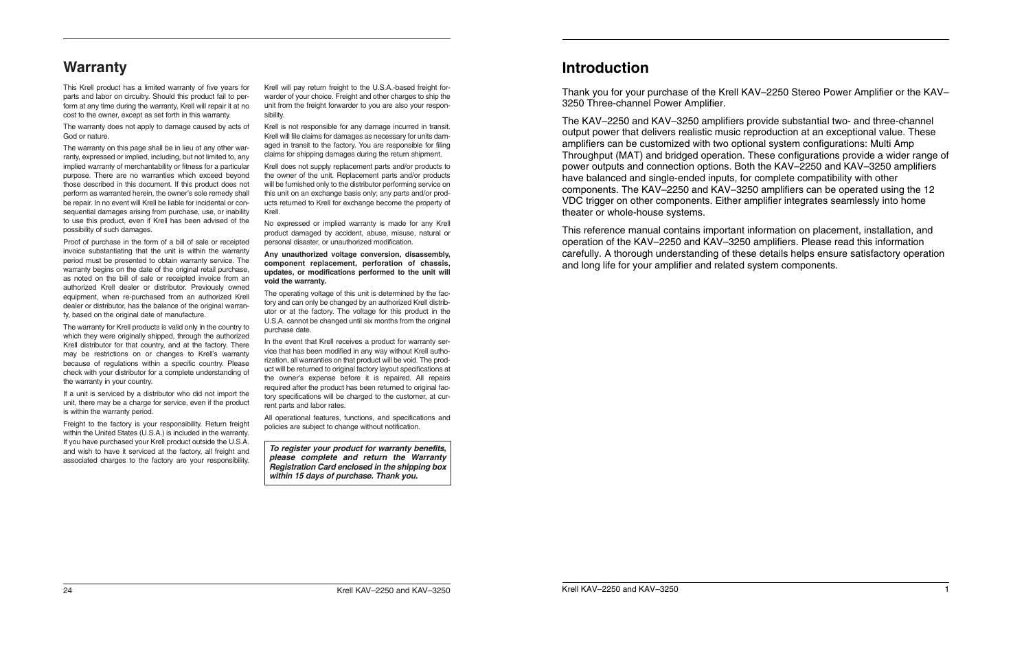 Warranty, Introduction | Krell Industries KAV 3250 User Manual | Page 5 / 32