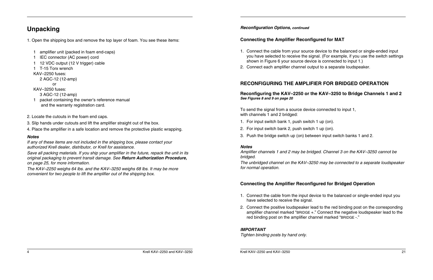 Unpacking | Krell Industries KAV 3250 User Manual | Page 8 / 32