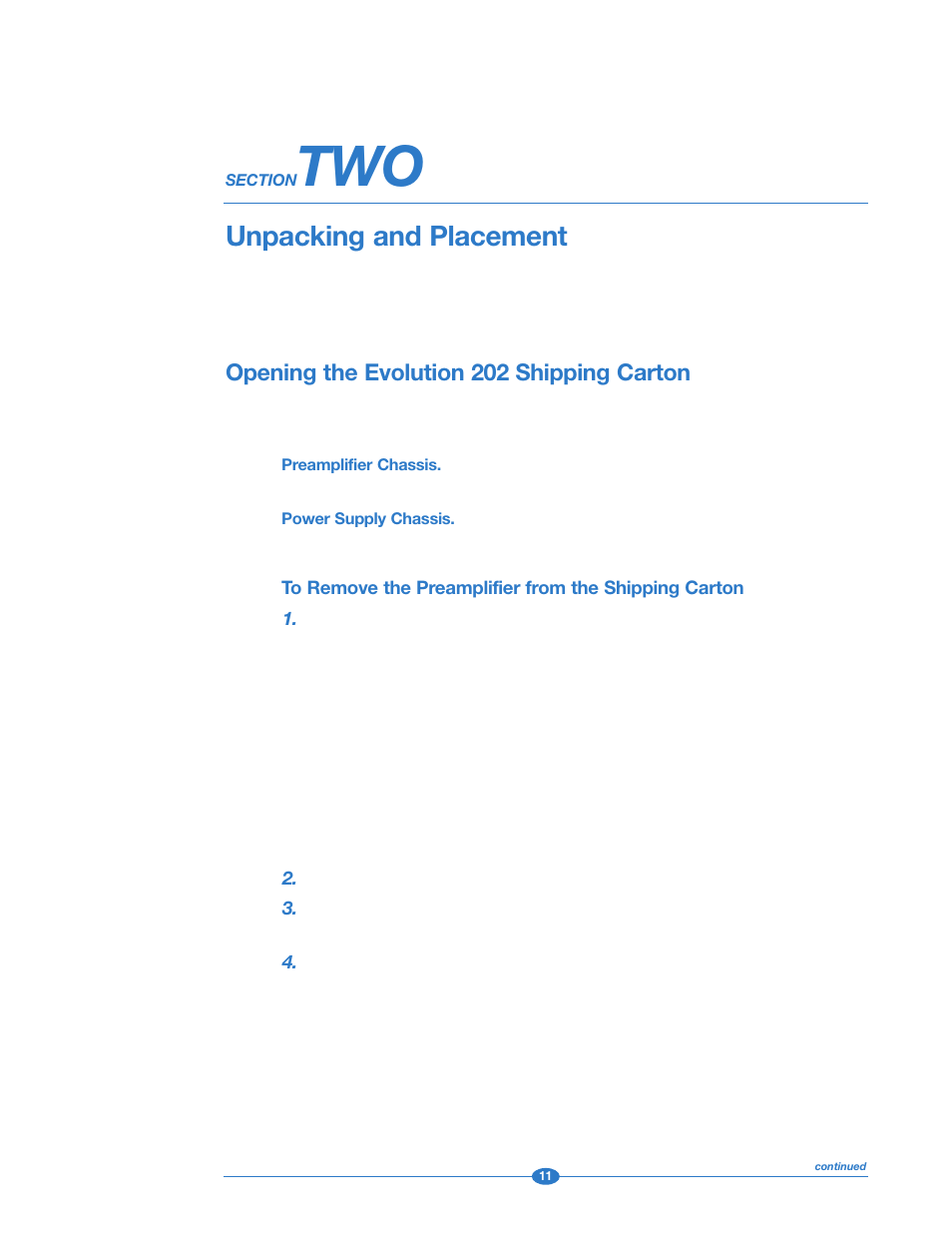 Section two: unpacking and placement, Opening the shipping carton, Unpacking and placement | Opening the evolution 202 shipping carton | Krell Industries 202 User Manual | Page 11 / 48