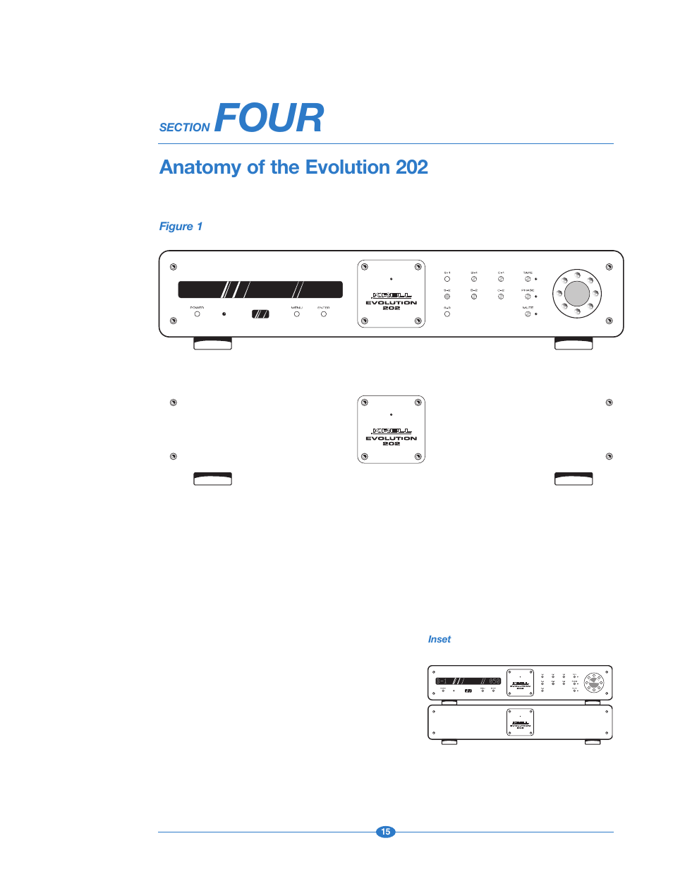 Section four: anatomy of the evolution 202, Figure 1: front panels, Four | Anatomy of the evolution 202 | Krell Industries 202 User Manual | Page 15 / 48