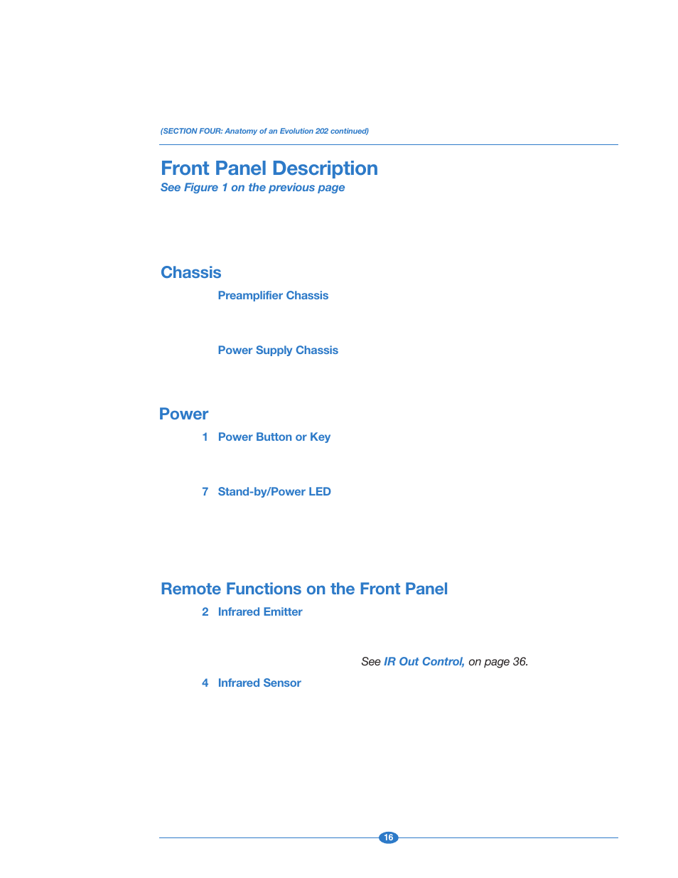 Front panel description, Chassis, Power | Remote functions on the front panel | Krell Industries 202 User Manual | Page 16 / 48