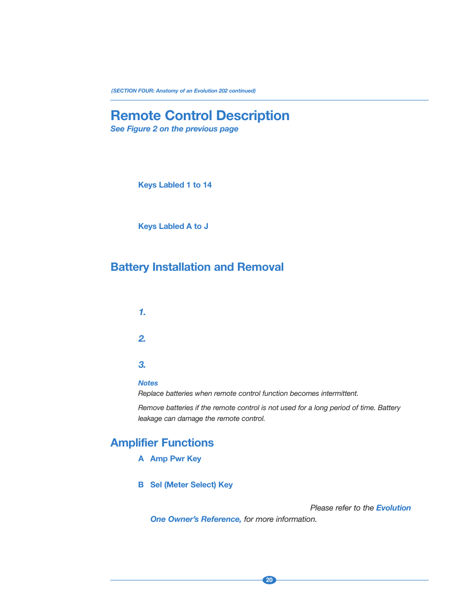 Remote control description, Battery installation, Battery installation and removal | Amplifier functions | Krell Industries 202 User Manual | Page 20 / 48