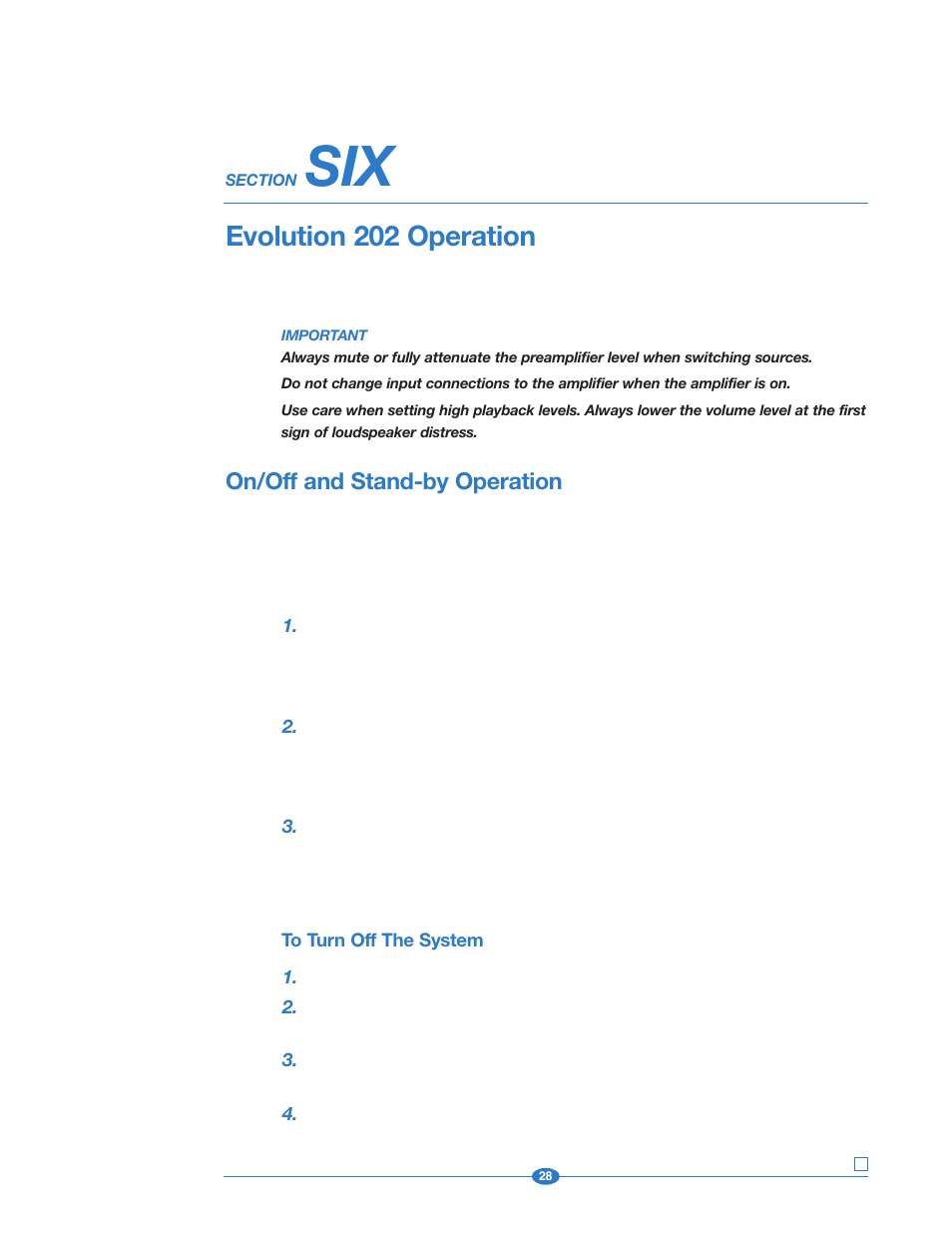 Section six: operation, On/off and stand-by, Evolution 202 operation | On/off and stand-by operation | Krell Industries 202 User Manual | Page 28 / 48
