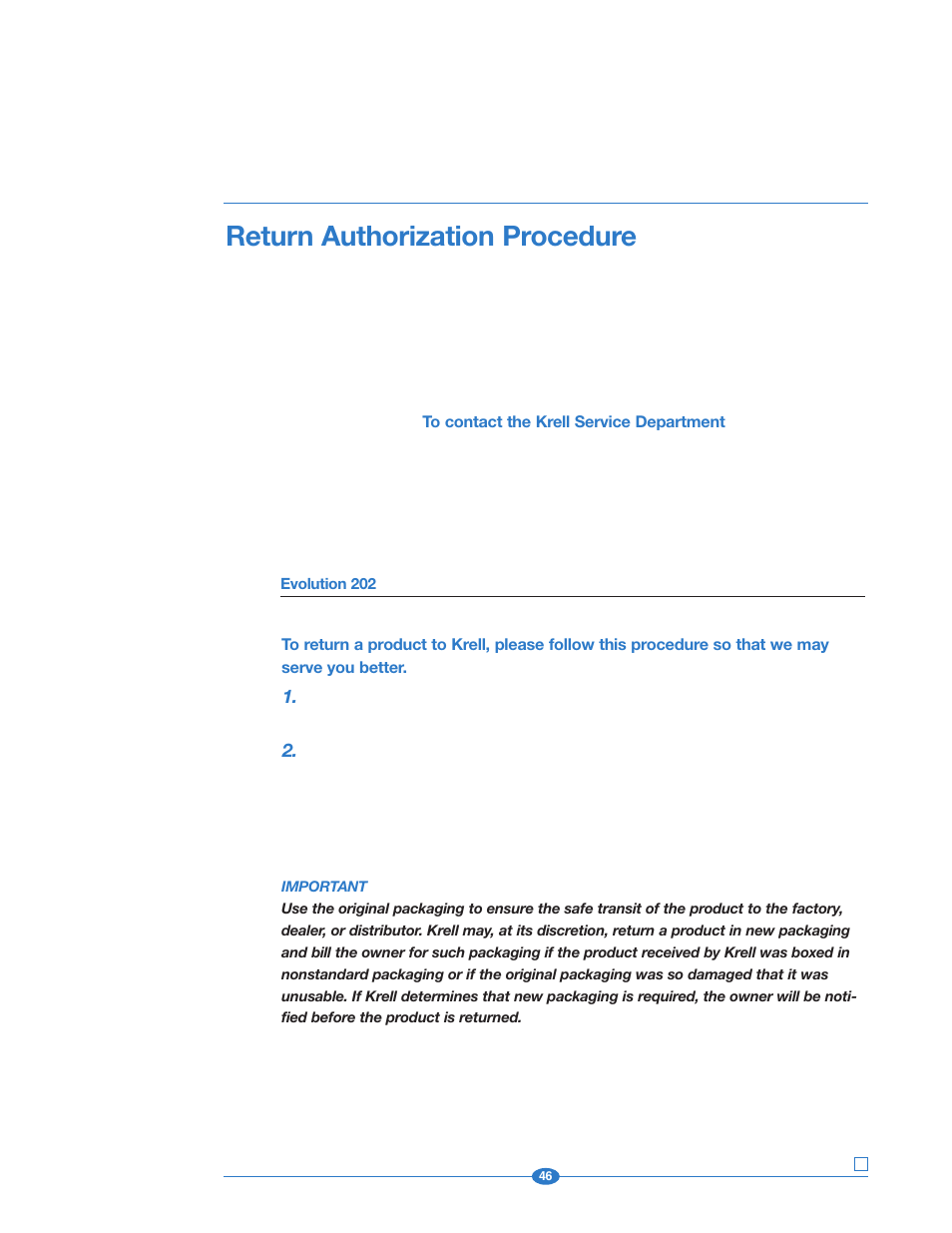 Return authorization, Return authorization procedure | Krell Industries 202 User Manual | Page 46 / 48
