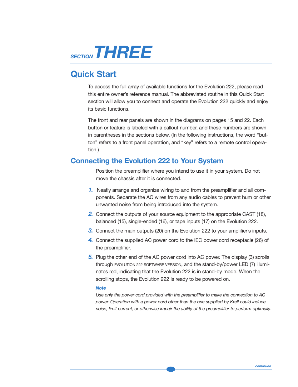 Section three: quick start, Connecting the evolution 222, Connecting the evolution 222 to your system | Three, Quick start | Krell Industries 222 User Manual | Page 13 / 48
