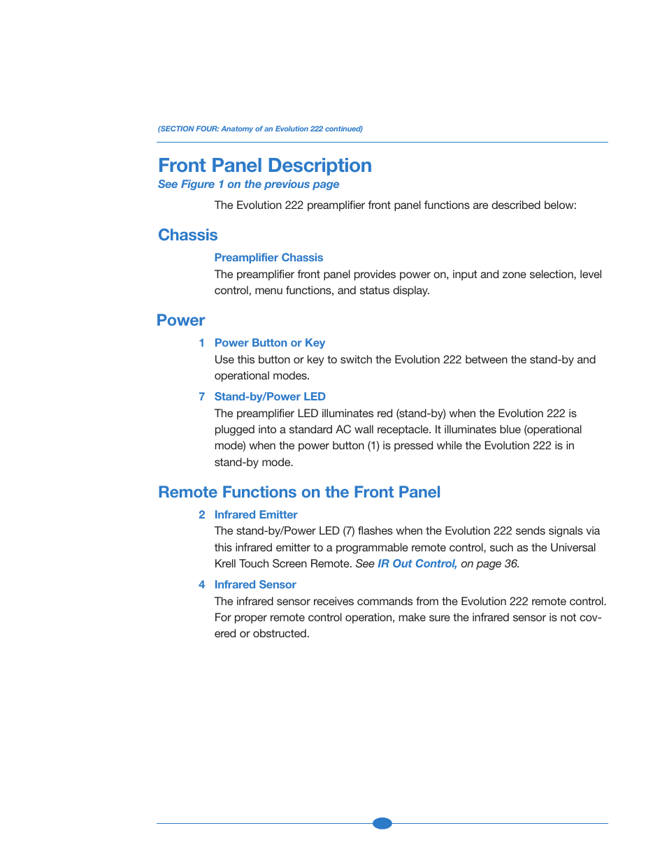 Front panel description, Chassis, Power | Remote functions on the front panel | Krell Industries 222 User Manual | Page 16 / 48