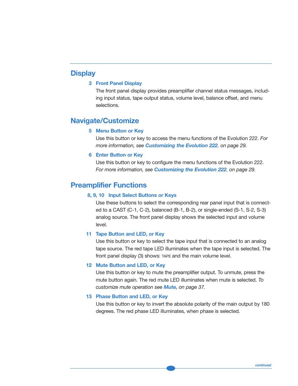 Display, Navigate/customize, Preamplifier functions | Krell Industries 222 User Manual | Page 17 / 48