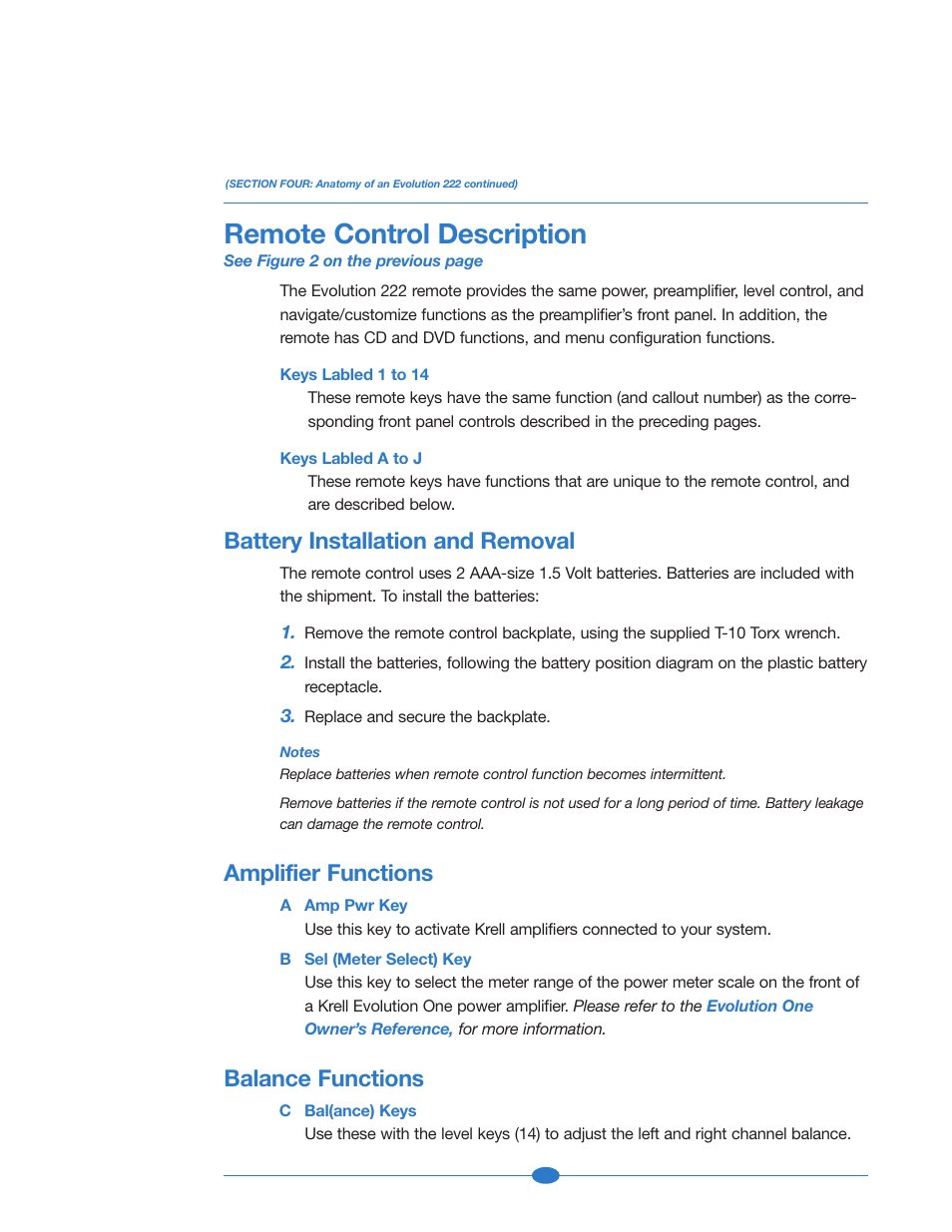 Remote control description, Battery installation, Amplifier functions | Balance functions, Battery installation, and back panel description, Battery installation and removal | Krell Industries 222 User Manual | Page 20 / 48