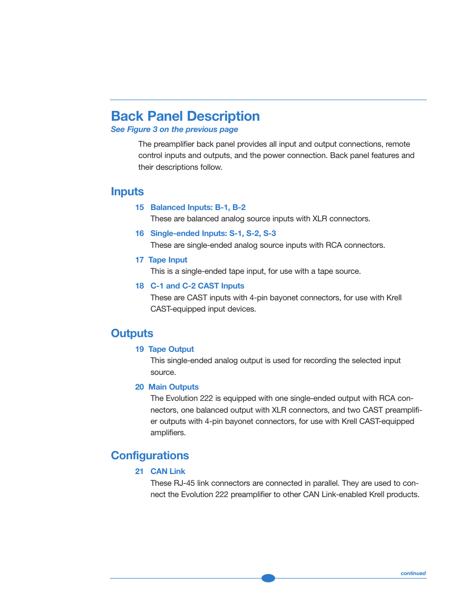 Back panel description, Inputs, Outputs | Configurations | Krell Industries 222 User Manual | Page 23 / 48