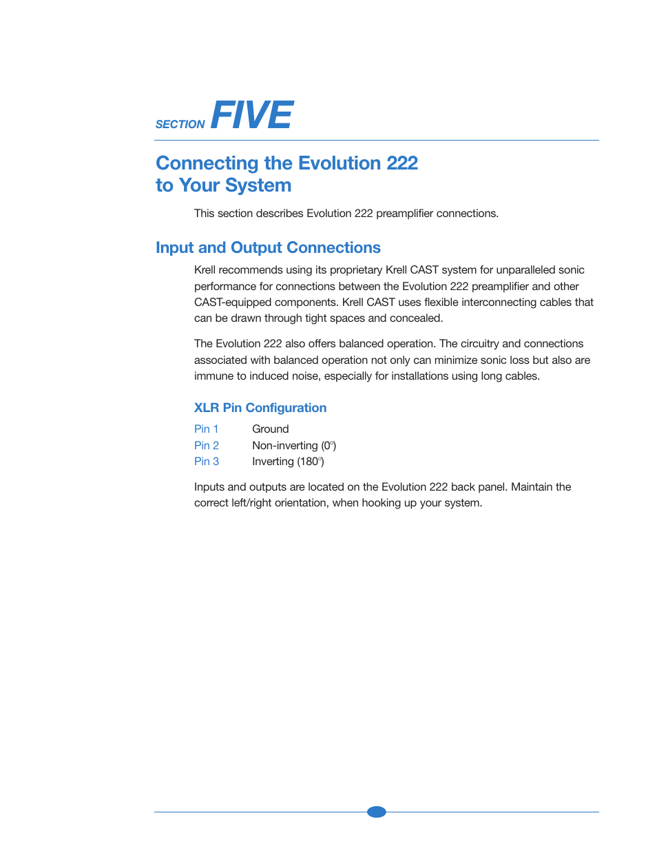 Section five: connecting the evolution 222, Input and output connections, Input and output connections, connection steps | Five, Connecting the evolution 222 to your system | Krell Industries 222 User Manual | Page 26 / 48