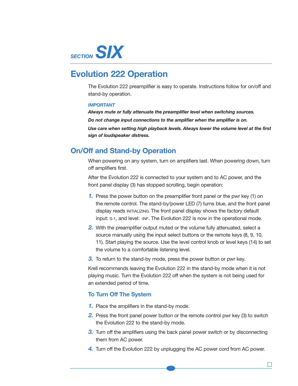 Section six: operation, On/off and stand-by, On/off and stand-by operation | Evolution 222 operation | Krell Industries 222 User Manual | Page 28 / 48