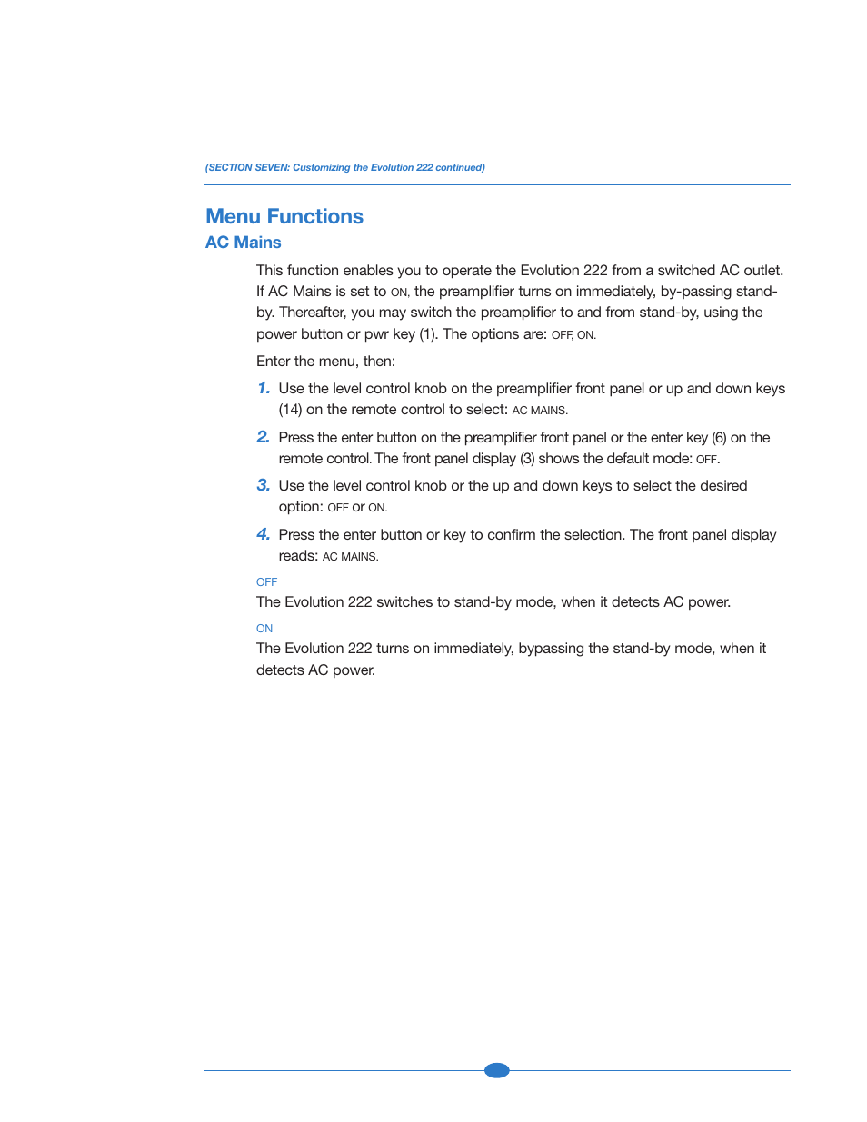 Menu functions, Ac mains | Krell Industries 222 User Manual | Page 30 / 48