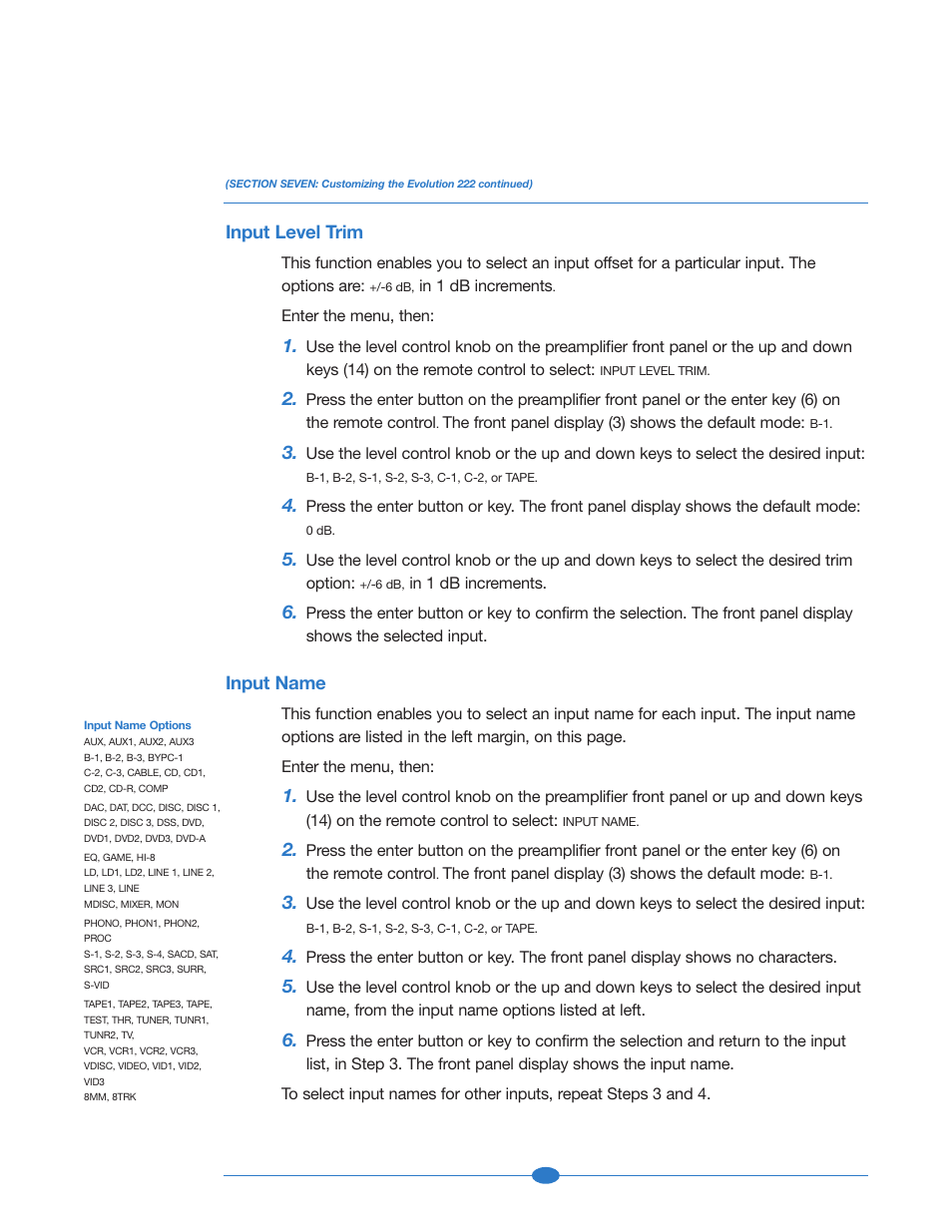 Input level trim, Input name | Krell Industries 222 User Manual | Page 34 / 48