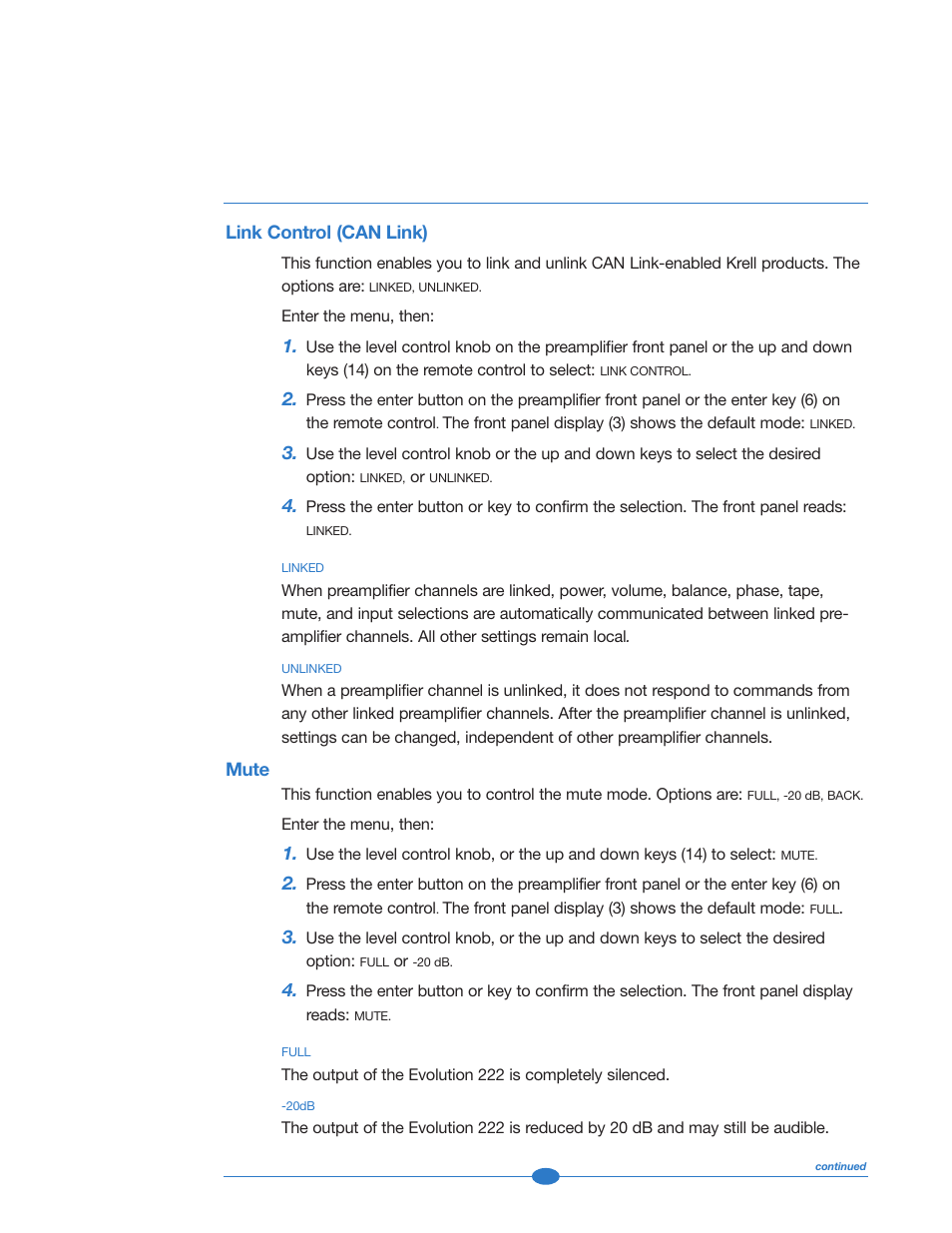 Link control (can link), Mute | Krell Industries 222 User Manual | Page 37 / 48