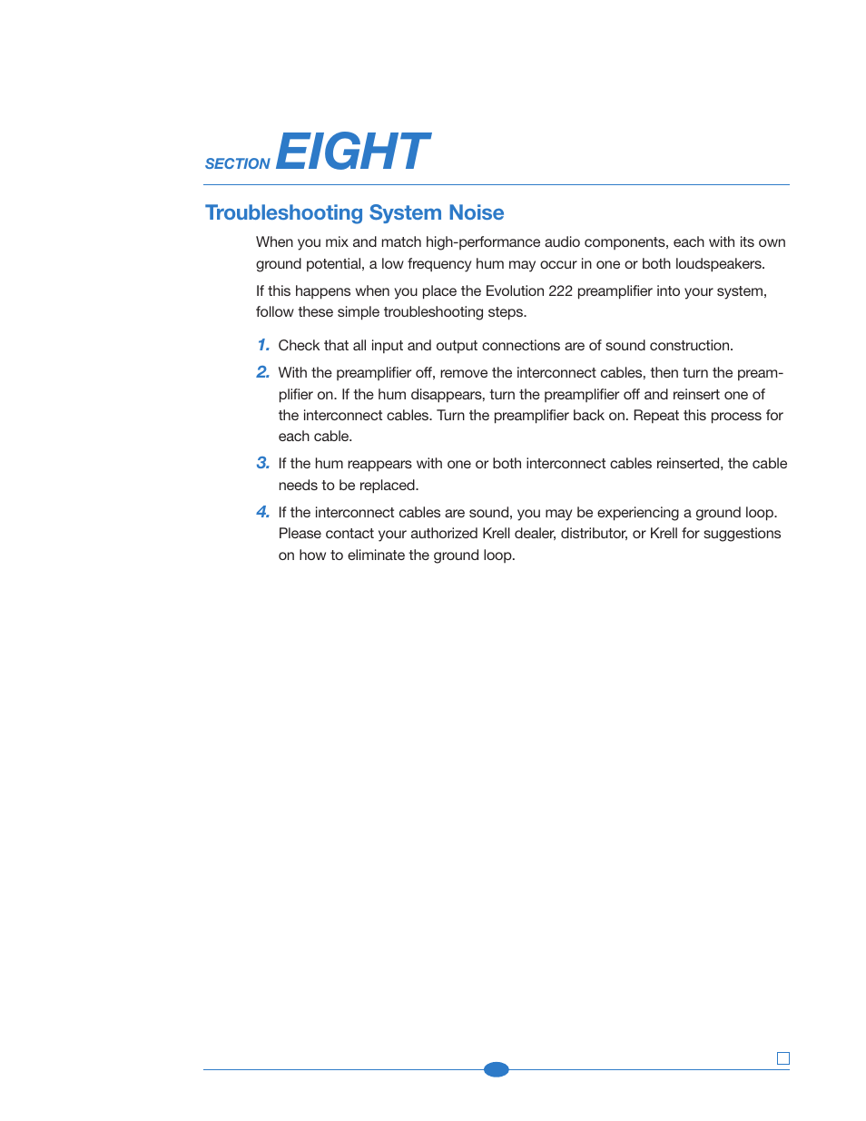 Section eight: troubleshooting, Eight, Troubleshooting system noise | Krell Industries 222 User Manual | Page 43 / 48