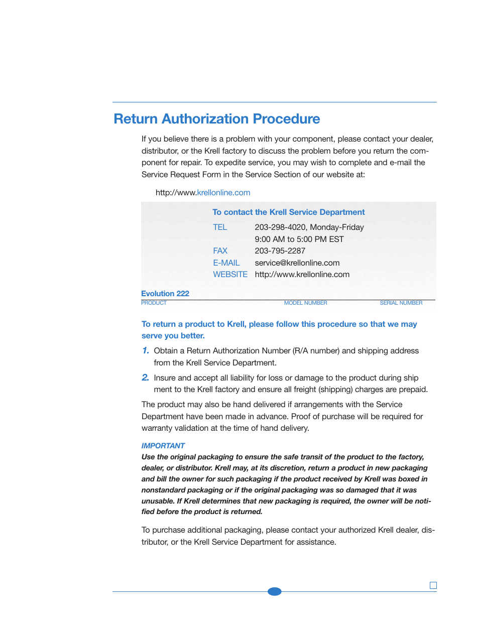 Return authorization, Return authorization procedure | Krell Industries 222 User Manual | Page 46 / 48