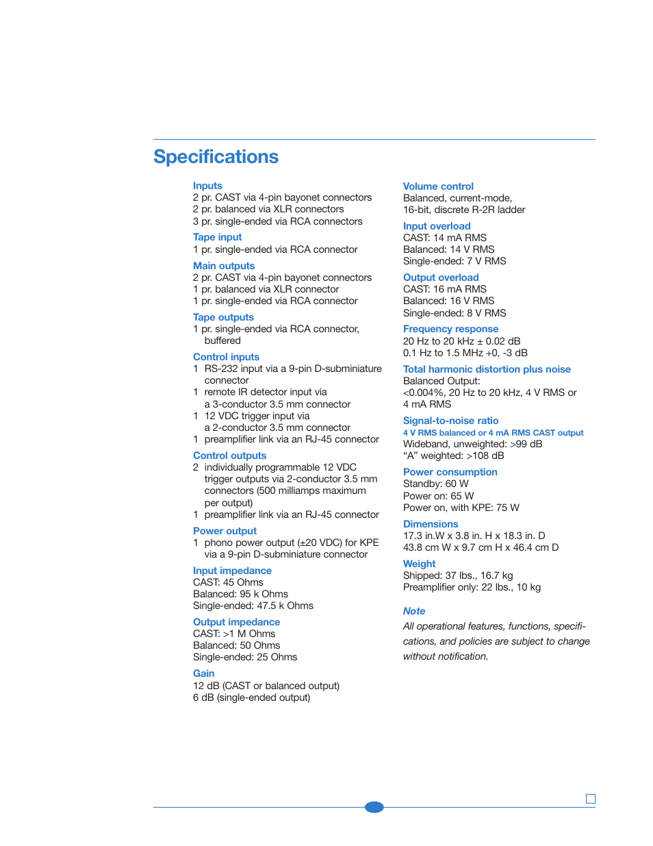 Specifications | Krell Industries 222 User Manual | Page 47 / 48