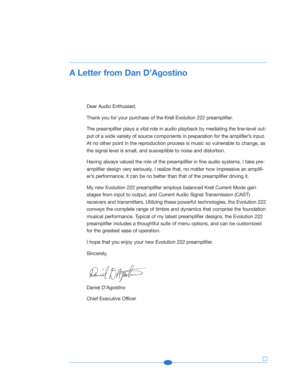 A letter from dan d'agostino, A letter from dan d’agostino | Krell Industries 222 User Manual | Page 5 / 48