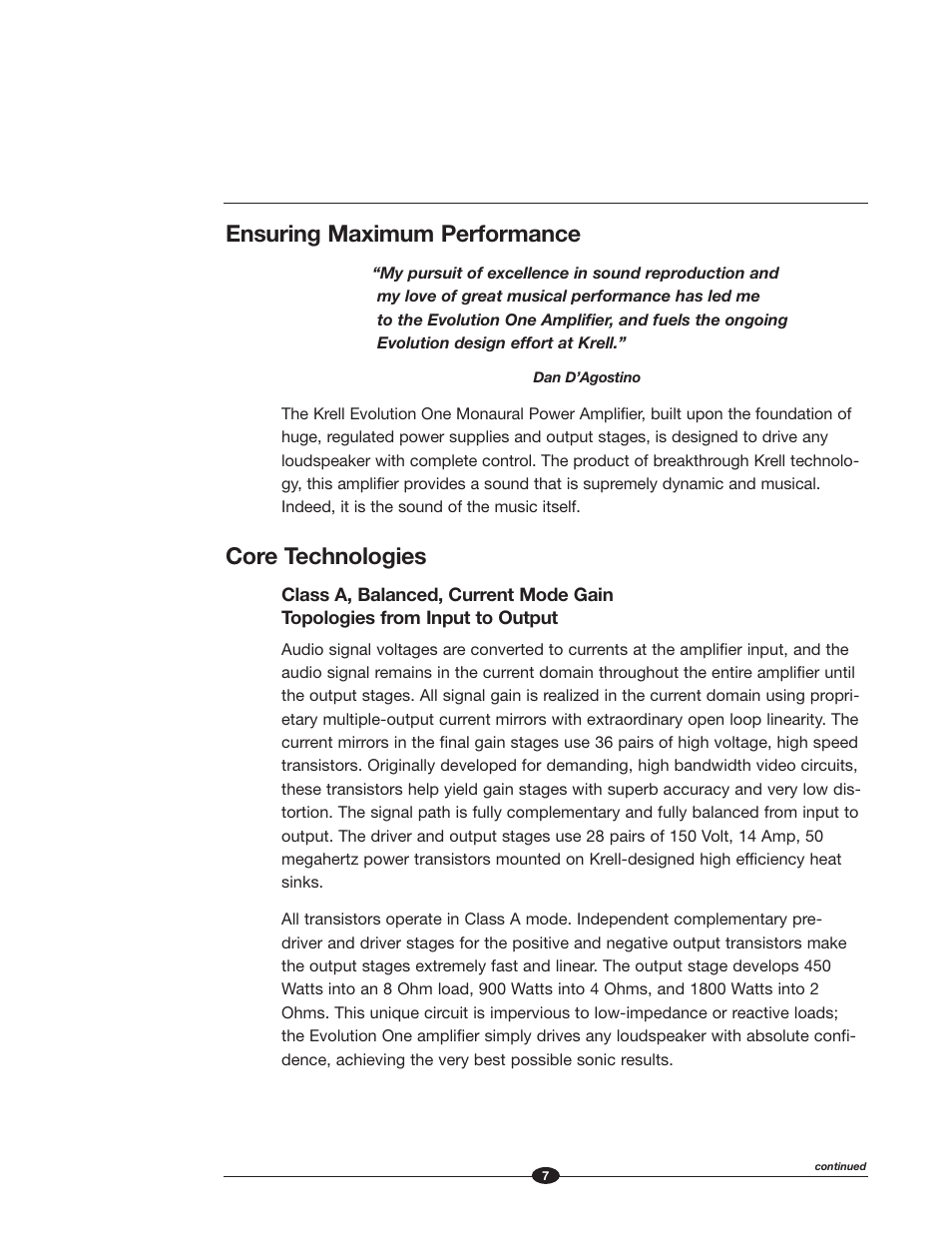 Ensuring maximum performance, Core technologies | Krell Industries Evolution One User Manual | Page 11 / 35