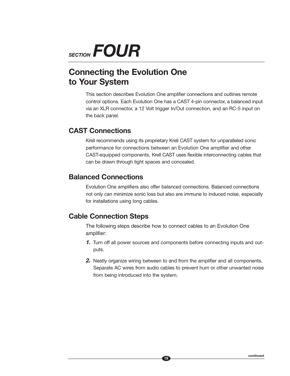 Four, Connecting the evolution one to your system, Cast connections | Balanced connections, Cable connection steps | Krell Industries Evolution One User Manual | Page 23 / 35