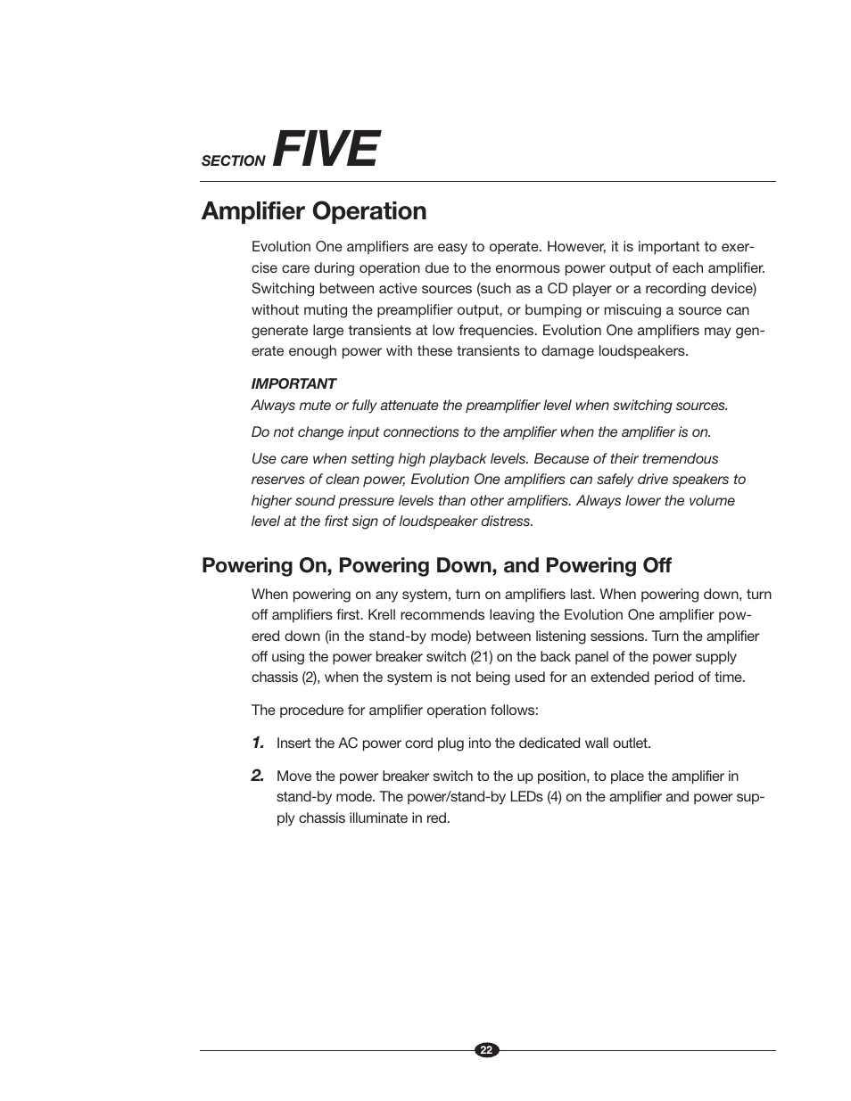 Five, Amplifier operation, Powering on, powering down, and powering off | Krell Industries Evolution One User Manual | Page 26 / 35