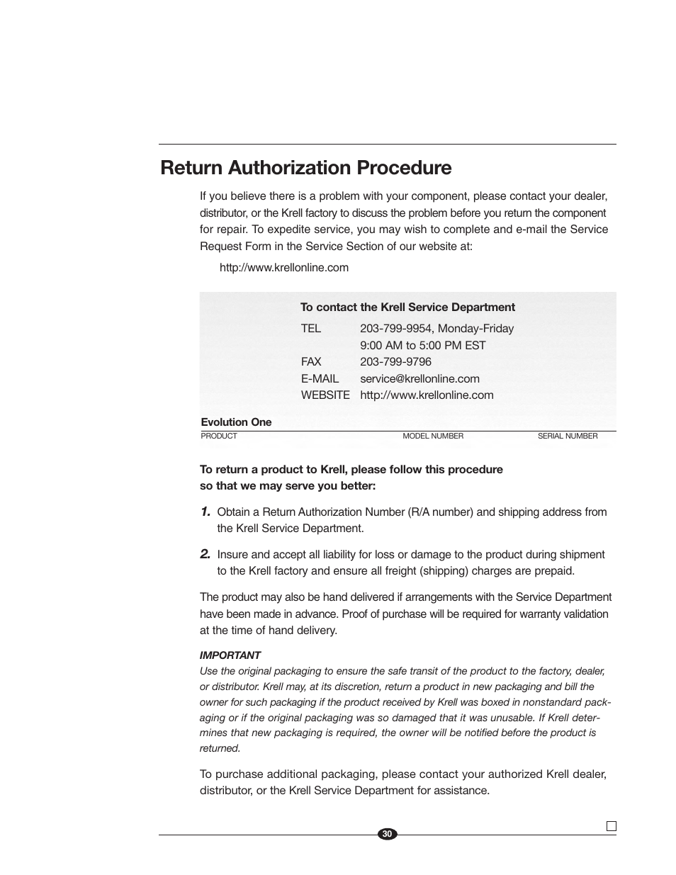 Return authorization procedure | Krell Industries Evolution One User Manual | Page 34 / 35