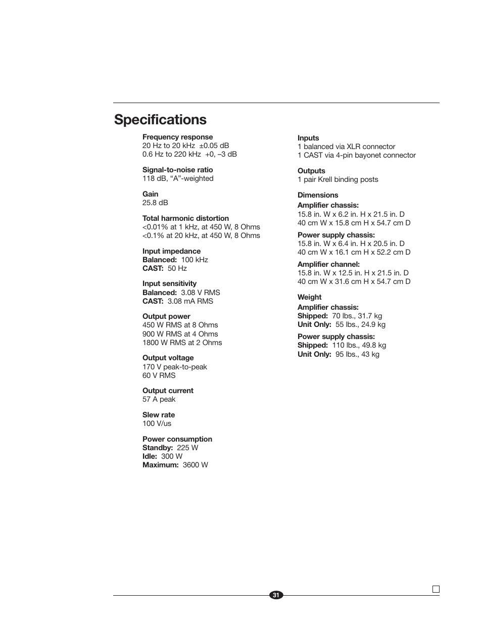 Specifications | Krell Industries Evolution One User Manual | Page 35 / 35
