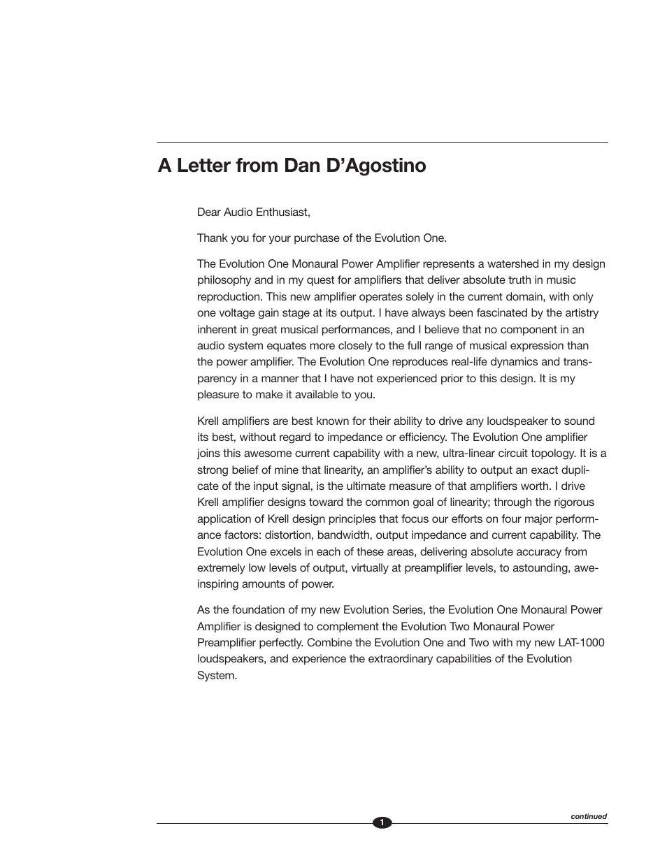 A letter from dan d’agostino | Krell Industries Evolution One User Manual | Page 5 / 35