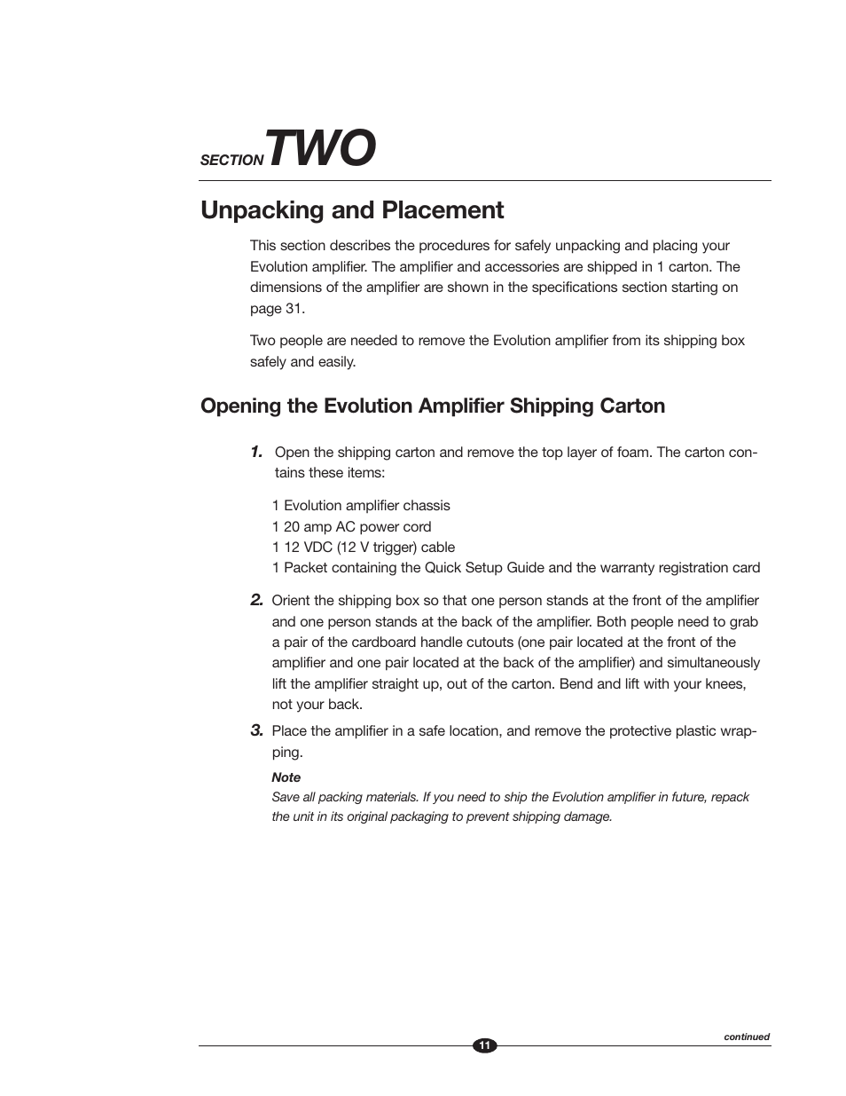 Unpacking and placement, Opening the evolution amplifier shipping carton | Krell Industries Evolution 600 User Manual | Page 11 / 34