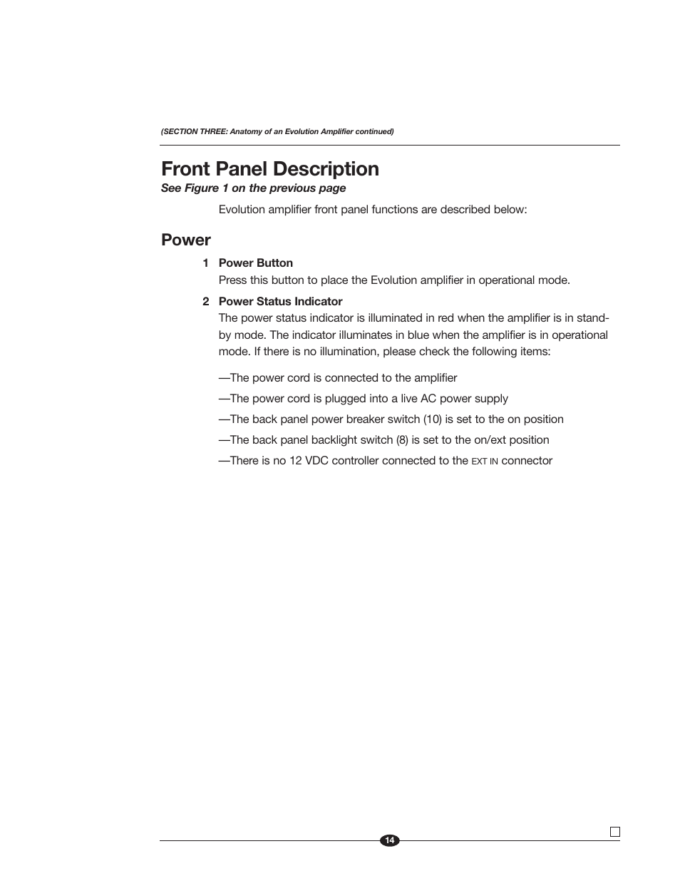 Front panel description, Power | Krell Industries Evolution 600 User Manual | Page 14 / 34