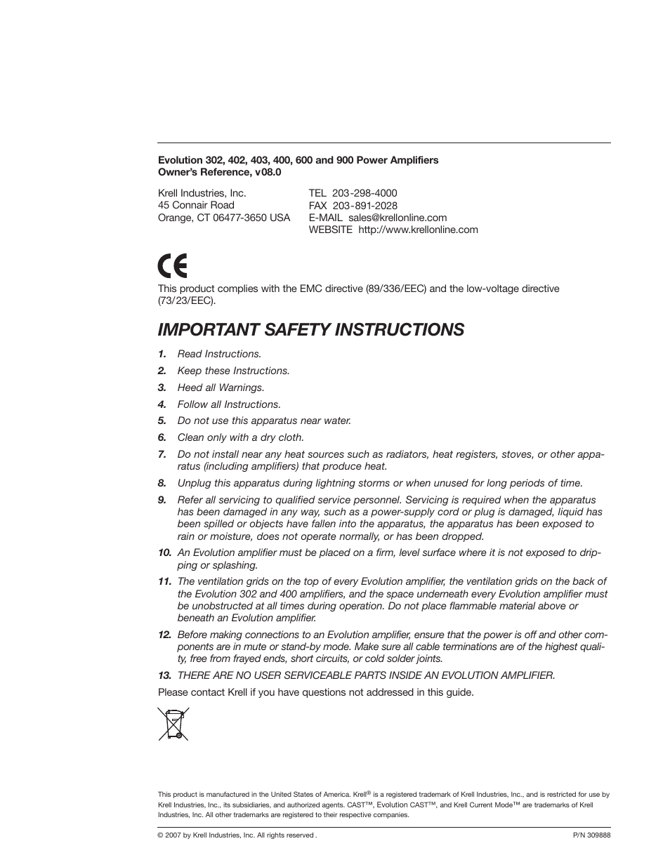 Important safety instructions | Krell Industries Evolution 600 User Manual | Page 2 / 34