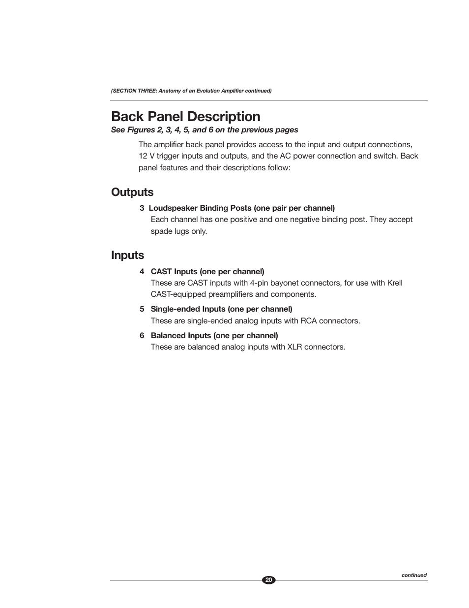 Back panel description, Outputs, Inputs | Krell Industries Evolution 600 User Manual | Page 20 / 34