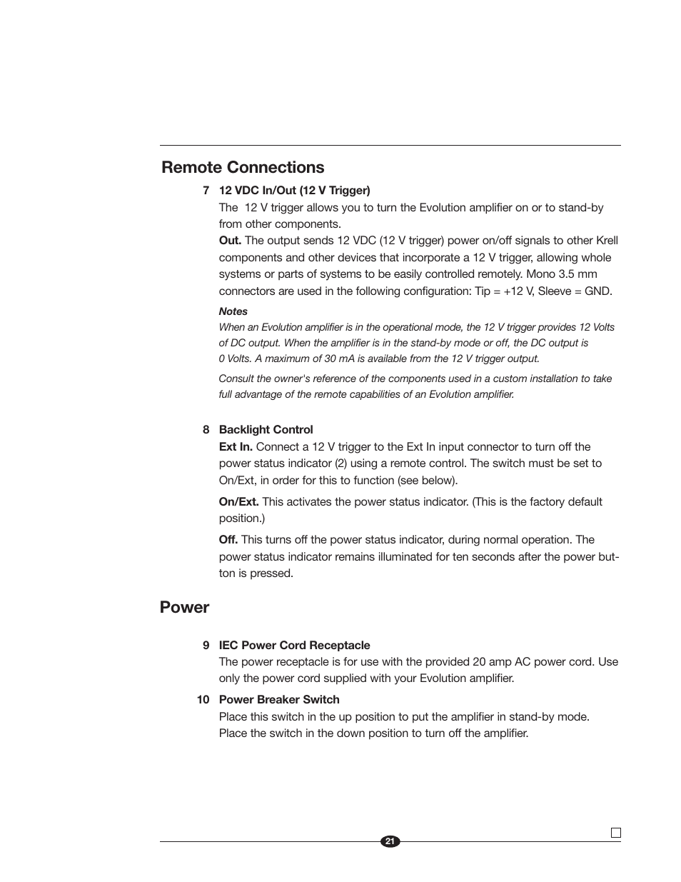 Remote connections, Power | Krell Industries Evolution 600 User Manual | Page 21 / 34