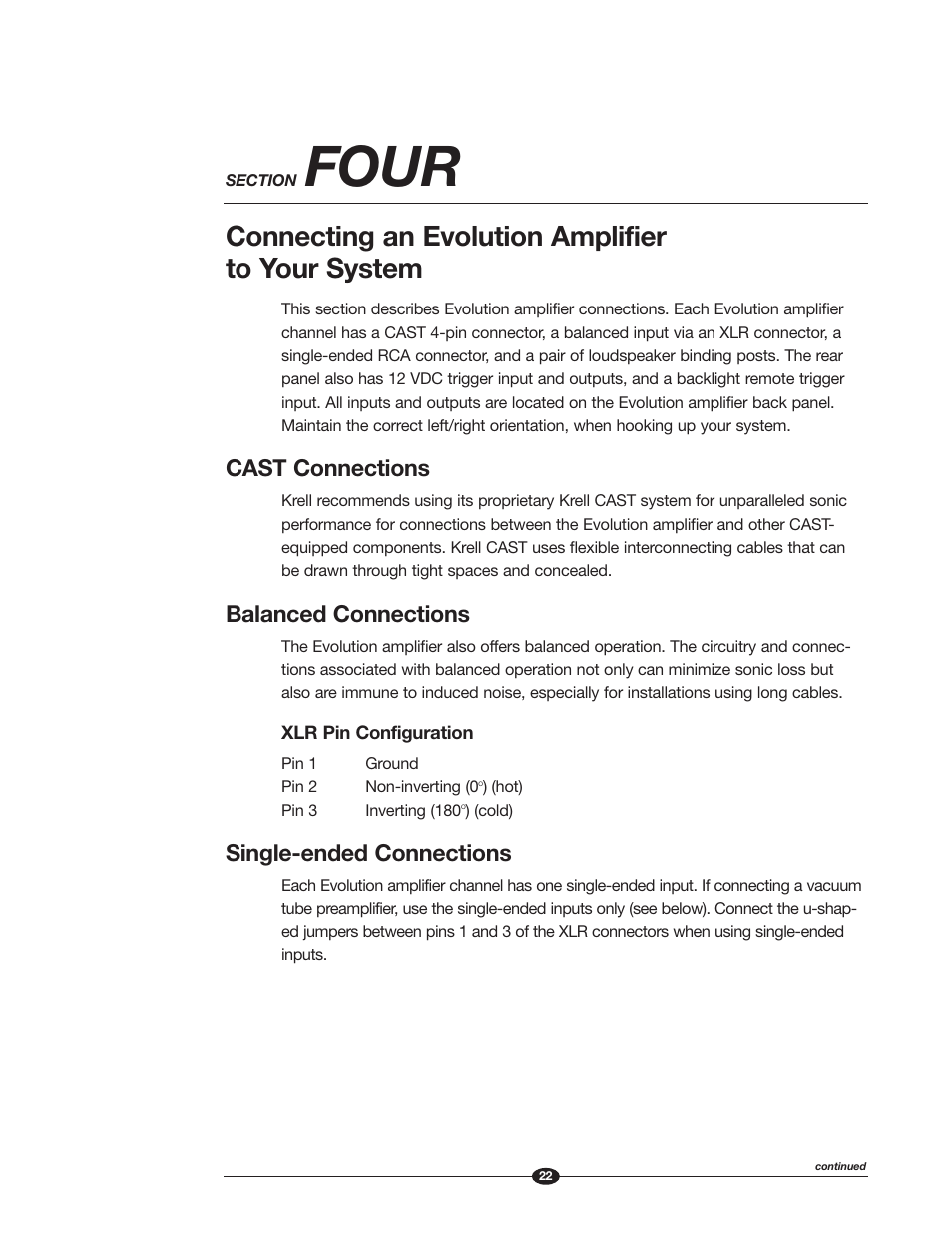 Four, Connecting an evolution amplifier to your system, Cast connections | Balanced connections, Single-ended connections | Krell Industries Evolution 600 User Manual | Page 22 / 34