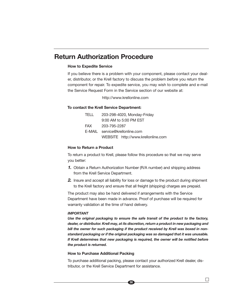 Return authorization procedure | Krell Industries Evolution 600 User Manual | Page 30 / 34