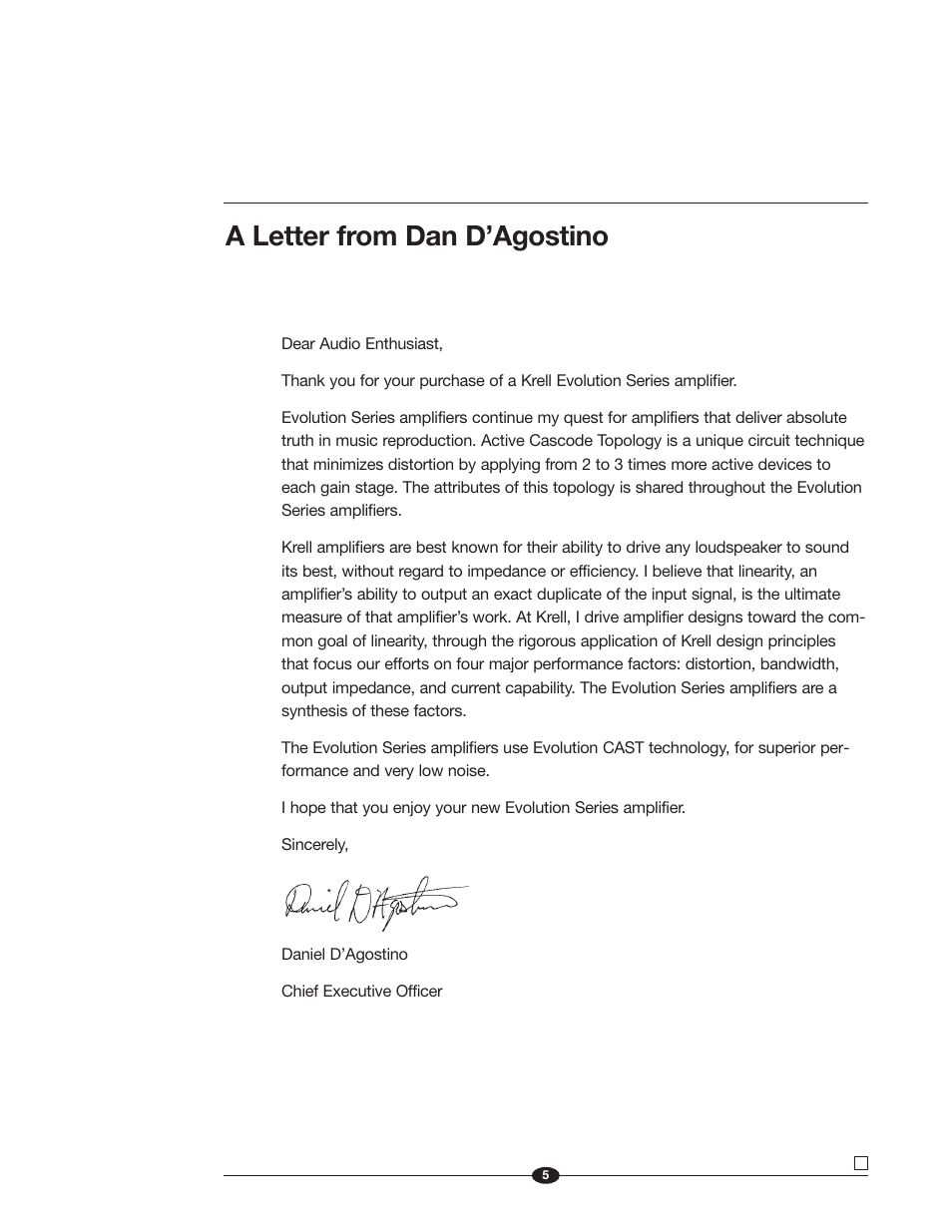 A letter from dan d’agostino | Krell Industries Evolution 600 User Manual | Page 5 / 34