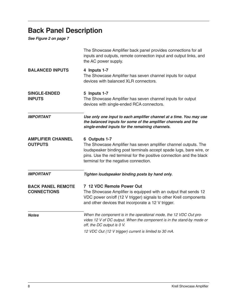 Back panel description | Krell Industries 6 User Manual | Page 12 / 22