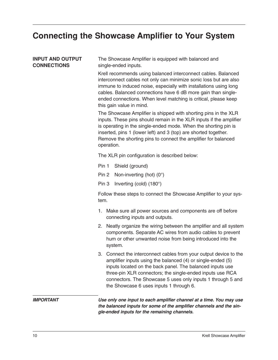 Connecting the showcase amplifier to your system | Krell Industries 6 User Manual | Page 14 / 22