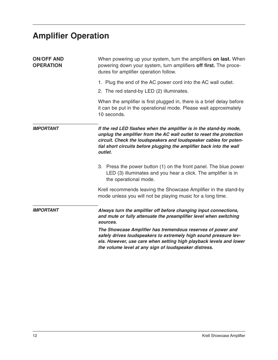 Amplifier operation | Krell Industries 6 User Manual | Page 16 / 22