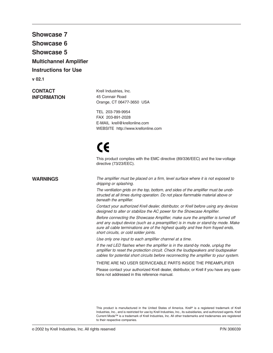 Showcase 7 showcase 6 showcase 5, Multichannel amplifier instructions for use | Krell Industries 6 User Manual | Page 2 / 22