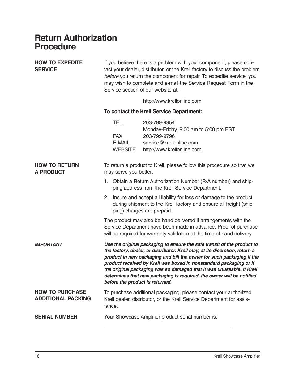 Return authorization procedure | Krell Industries 6 User Manual | Page 20 / 22