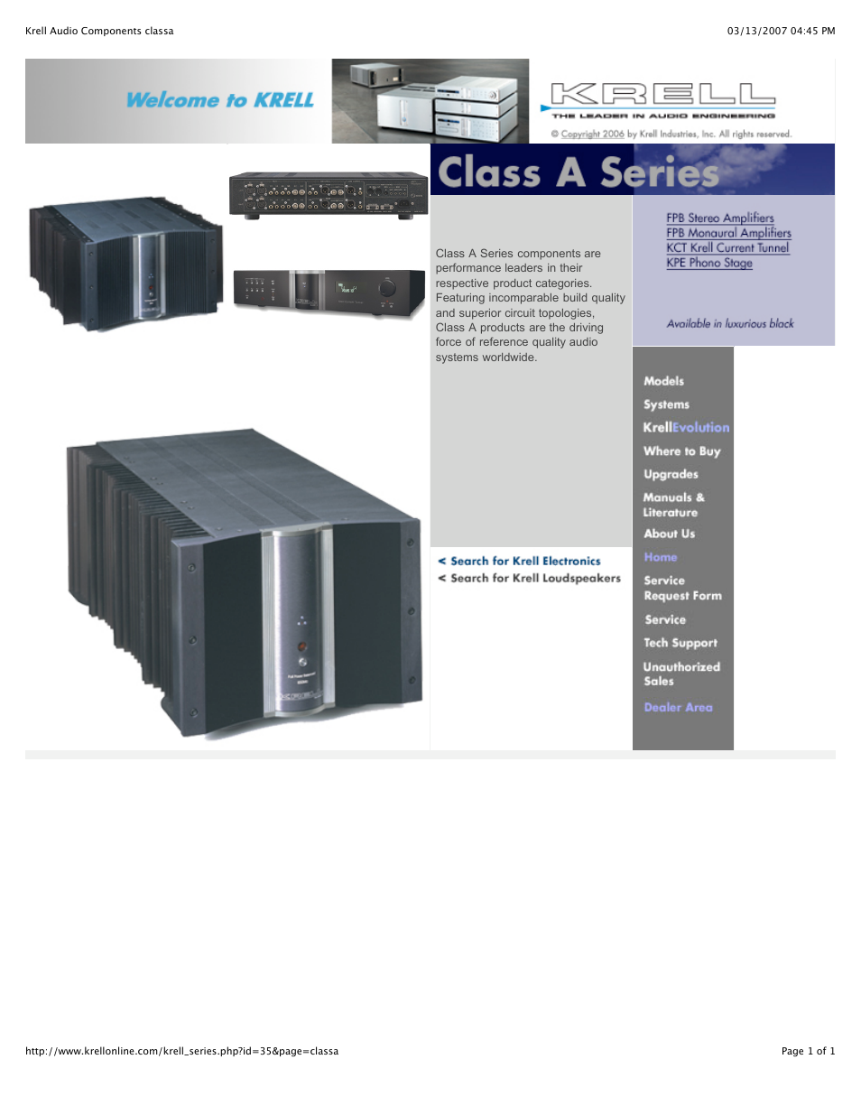 Krell Industries Class A Series User Manual | 1 page