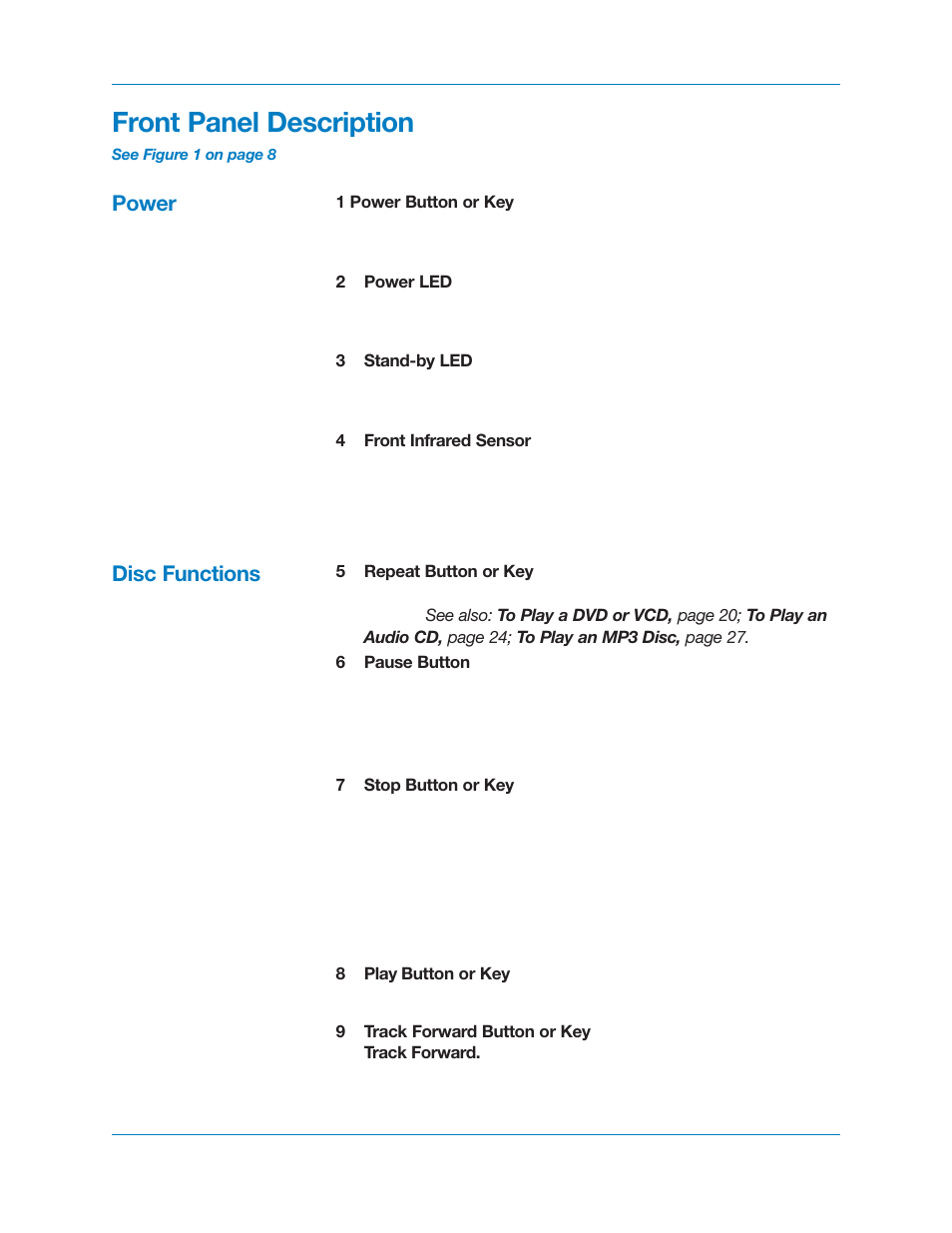 Front panel description, Power disc functions | Krell Industries DVD Player User Manual | Page 13 / 73