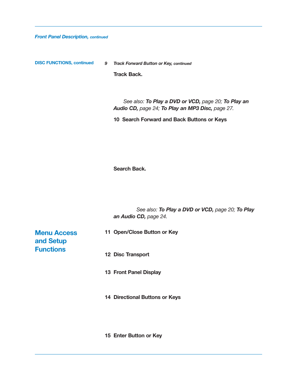 Menu access and setup functions | Krell Industries DVD Player User Manual | Page 14 / 73