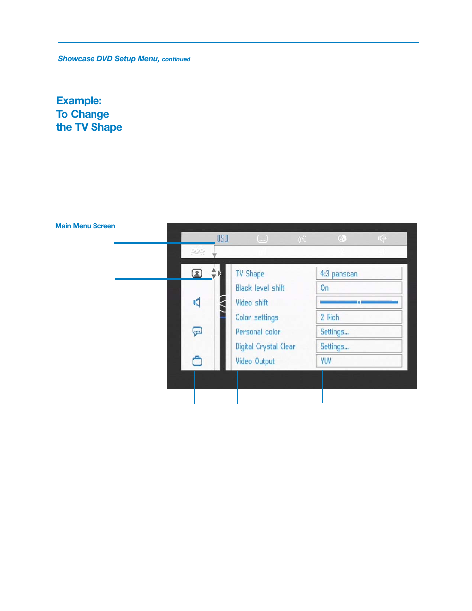 Example: to change the tv shape | Krell Industries DVD Player User Manual | Page 44 / 73