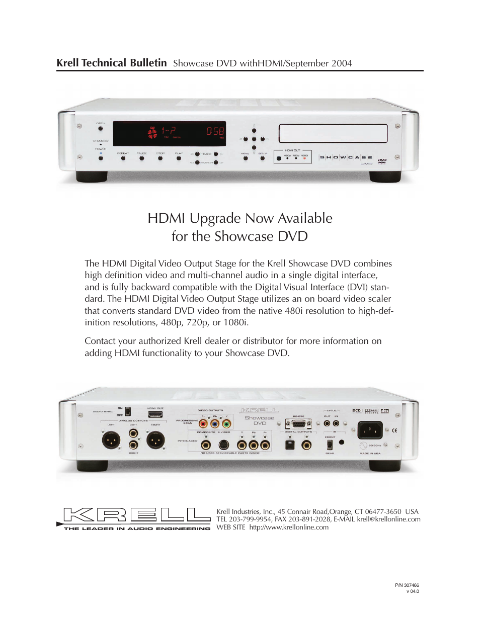 Hdmi upgrade now available for the showcase dvd, Krell technical bulletin | Krell Industries DVD Player User Manual | Page 63 / 73