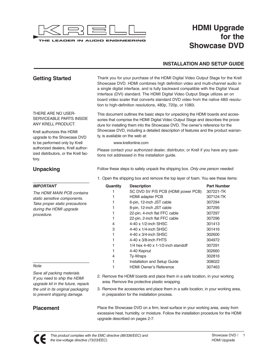Hdmi upgrade for the showcase dvd, Getting started, Unpacking | Placement | Krell Industries DVD Player User Manual | Page 66 / 73